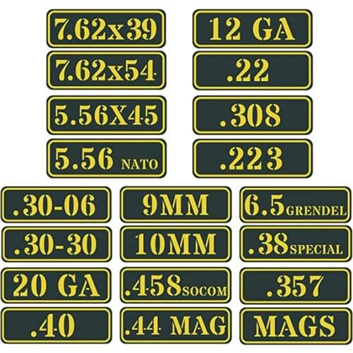 Ammo box Sticker .22 .223 .308 .300 .380 .45 .357 5.56 7.62 9MM 10MM 12GA .44MAG Vinyl Skin Sticker for Bullet Variety labels
