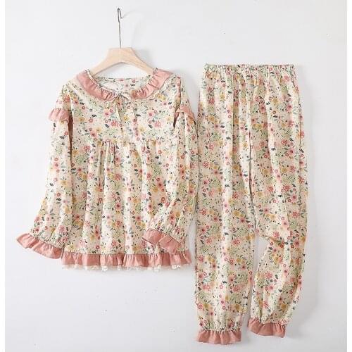 Autumn 2021 Small Crushed Flower Casual Pajamas Women Knitted Cotton Loose Long-sleeved Trouser Suits Home Clothes 2 Piece Set
