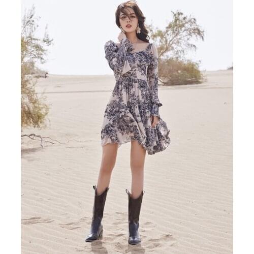 DUISNENA boho dress long lantern sleeve floral print women dresses chiffon elastic back spring/autumn robe fairy mujer vestidos