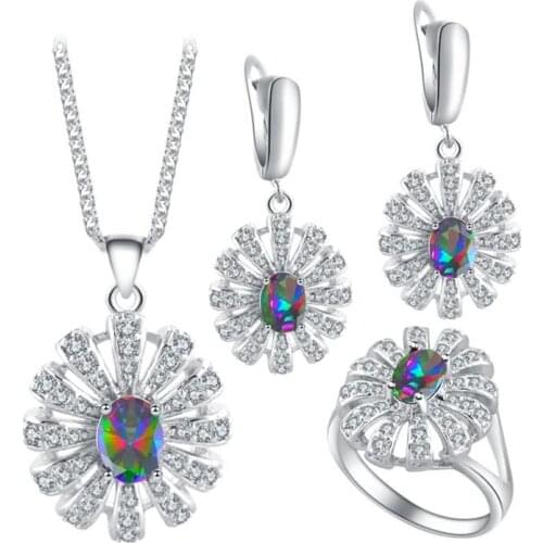ROLILASON Hot Sell Multicolor Zircon silver color Stamped Sets Earring Necklace Pendant Rings for Lover Fashion Jewelry JS677