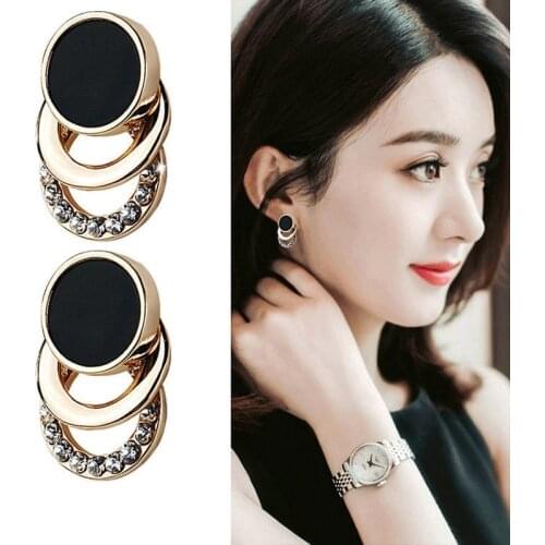 S925 Silver Needle Vintage Black Round Stud Earrings For Women Classic Fashion Brand Rhinestone Earring Party Jewelry