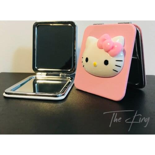 Kawaii Mini Mirror Folding Portable Cartoon Makeup Vanity Mirror Helloo Kitty Mirrors PU Leather Kitty Cat Small Compact Mirror