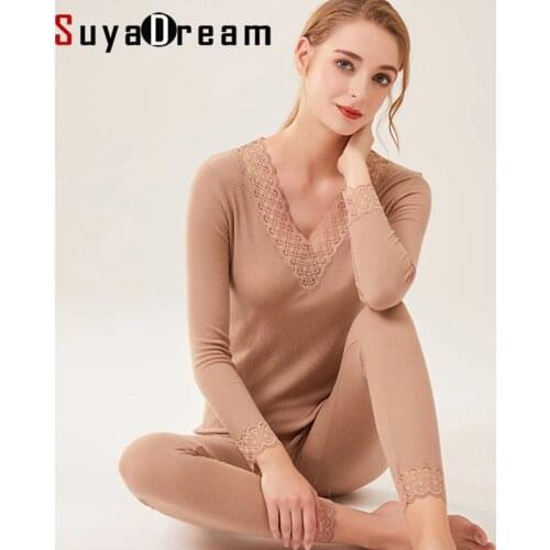 SuyaDream Women Autumn Winter Wool Long Johns 82%Wool 18%Silk Lace V neck Solid Knitted Thermal Underwear 2019