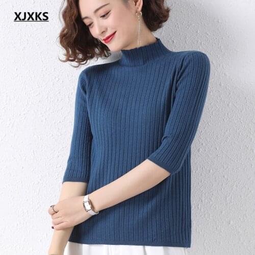 XJXKS High elastic women mid-sleeve sweater 2021 spring autumn new high-end wool knitted turtleneck sweater women pullover