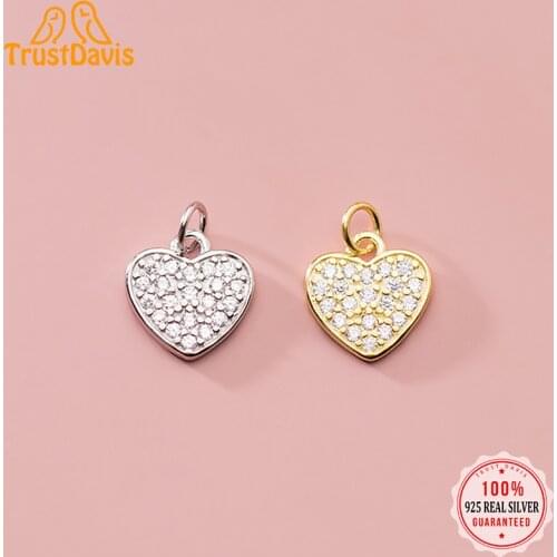 TrustDavis 2020 Fashion Real 925 Sterling Silver Sweet Romantic Heart CZ Charm Pendant Handmade DIY Accessories Wholesale DZ35