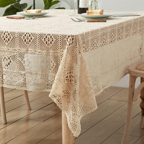 Crochet Hollow Tablecloth Home Decorative Rectangle Fabric Lace Beige Bedroom Coffee Table for Living Room Cover Cloth Mat