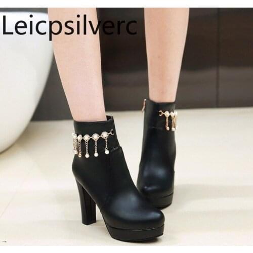 Womens Boots winter New Round head zipper tassel pearl Crystal Thick heel High heel Short tube Womens shoes plus size 34-43