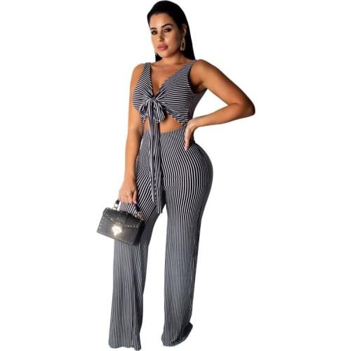 Stripe Romper Womens Jumpsuit Summer Overalls Long Sexy Club Romper Female Sleeveless Bow Tie V Neck Elegant Sexy Party Jumpsuit