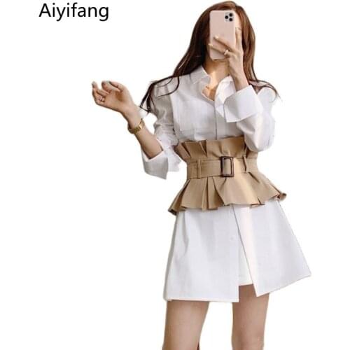 Korean Spring Summer Elegant OL Blouse Belt 2 Piece Sets Women Long Sleeve Single-Breasted White Long Shirt Dress + Girdle Suits