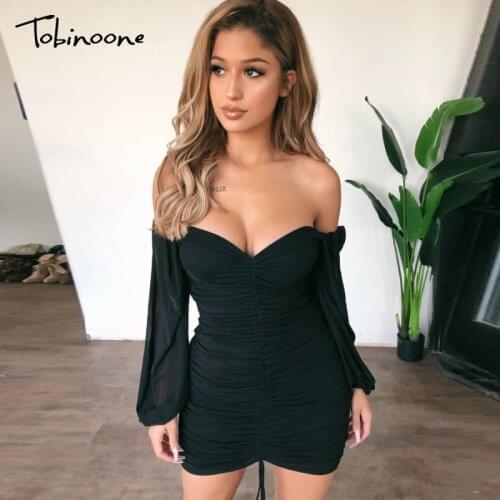 Tobinoone Ruched Mesh Bodycon Dress Women Off Shoulder Drawstring Backless Sexy Dresses Female Patchwork Party Club Short Dress