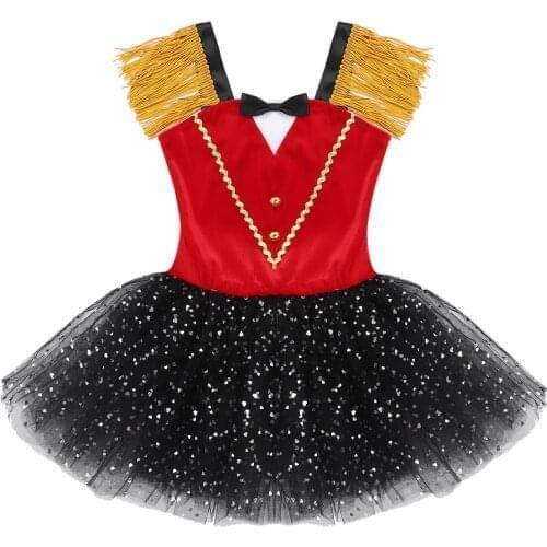 1Pcs Kids Girl Christmas Xmas Outfits Tutu Dress Dancewear Halloween Circus Ringmaster Costume Tassel Foil Sequins Mesh Leotard