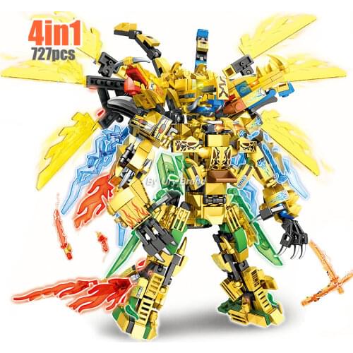4in1 Flying Dragons Set Ninja Golden Warrior Robot Mech 2 Heads Dolls Robot DIY Building Blocks Toys For Children Boys Xmas Gift
