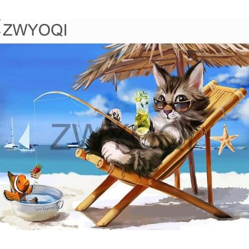5D DIY Diamond painting Cross stitch Cat Full Round Diamond mosaic Cat fish beach Full Square Diamond embroidery Cat fish beach