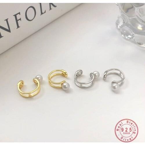 925 Sterling Silver Minimalism C-Shaped Hollow White Pearl Ear Clip Women Exquisite Anniversary Jewelry