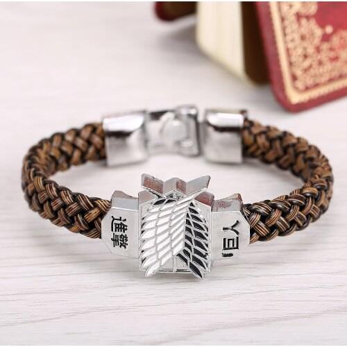 Mengtuyi Attack on Titan Recon Corps logo Charm Bracelets Feather Pattern Alloy Bangle Weave Chain