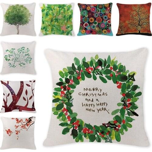 Green Leaves Cushion Cover Flower Pillow Case Cotton Linen Florals Trees Home Decorative Pillows Flower Cushion Cover for Sofa