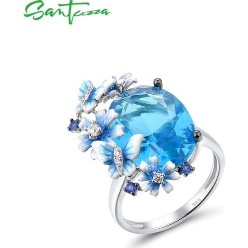 SANTUZZA 925 Sterling Silver Rings For Women Shiny Oval Blue Stone Handmade Enamel Delicate Flowers Butterfly Ring Fine Jewelry