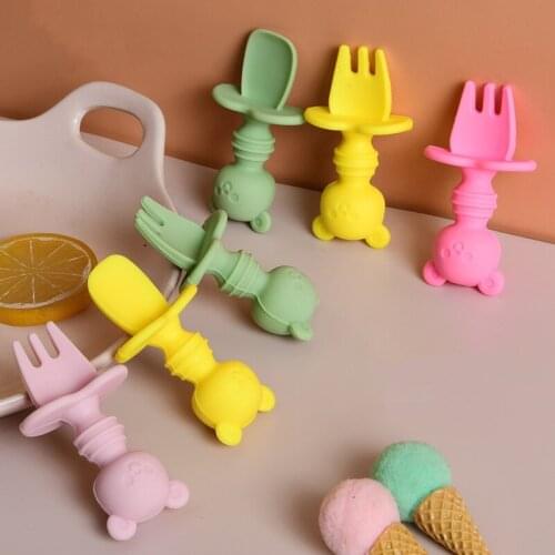 2pc Silicone Self Feeding Utensil Toddler Cutlery Kit Fork And Spoon Set Children Training Weaning Cutlery Kit