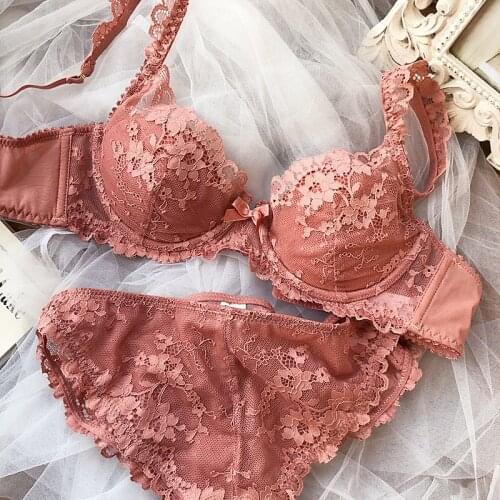 Wriufred Three-dimensional lace underwire lingerie sets thin section big breasts sexy bralette top-up sweet girl underwear set