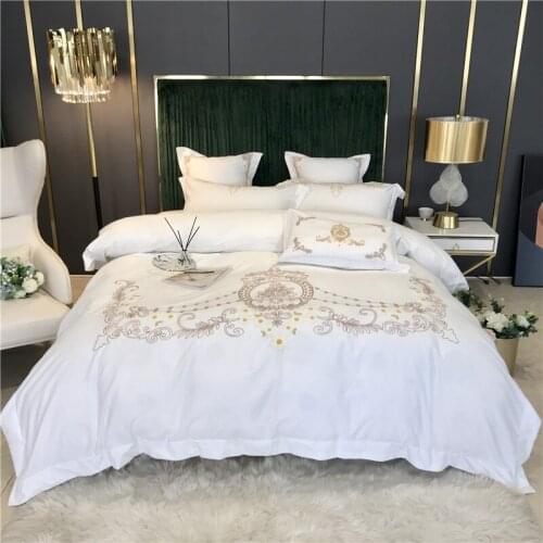 White Autumn Winter Thicken Sanding Egyptian Cotton Bedding Set Flower Embroidery Duvet Cover Bed Linen Fitted Sheet Pillowcases
