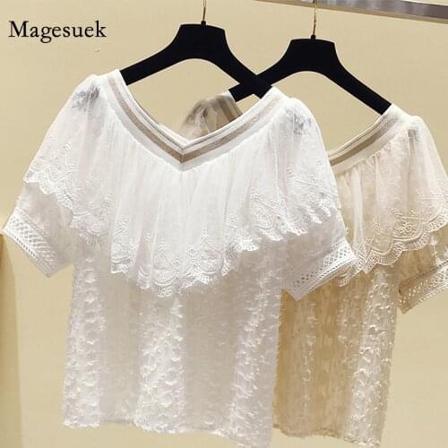 Korean Chic V-neck Summer Tops Chiffon Shirt Short Sleeve Ruffles Stitching Lace Blouse Women Solid Tassel Womens Shirts 13497