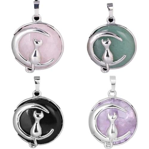 Cat Moon Shape Round Stone Pendant Hollow Nice Orginal Design Silver Plated Animal Theme Friendship Necklace