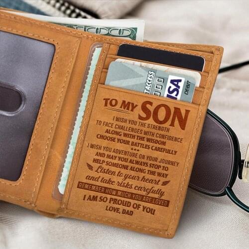 Mom To Son Engraved Wallet Genuine Leather Mens Short Purse Card Holder Three Fold Vintage Wallets Fathers Birthday Gift
