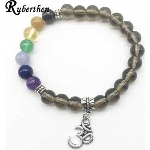 Ruberthen Fashion Design Women`s 7 Chakra Bracelet Buddha Smoky Quart z Bracelet 2019 High Quality Yoga Bracelet