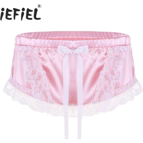Sexy Sissy Gay Mens Lingerie Panties Shiny Soft Satin Ruffled Lace Floral and Cute Bowknot Briefs Men Underwear Underpants
