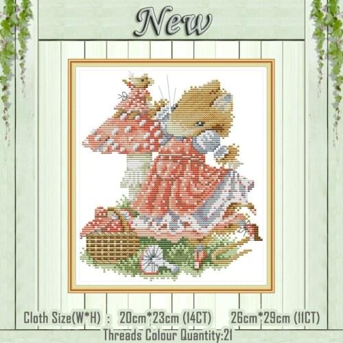 A mouse picking mushrooms cartoon painting counted print on the canvas DMC 11CT 14CT kits Cross Stitch embroidery needlework Set