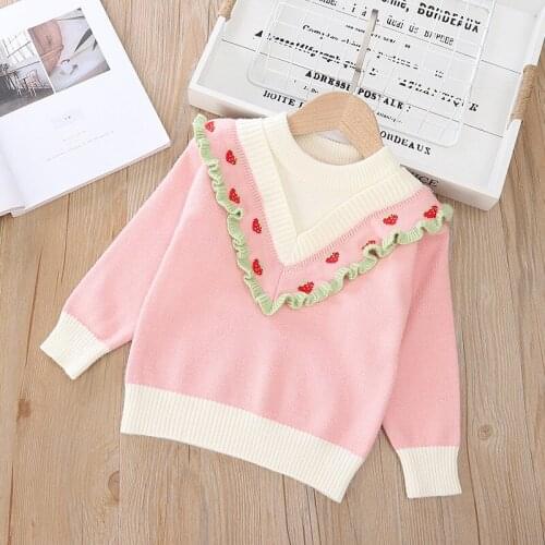 2020 Fashion Girls Long Sleeve Knitted Pullover Girls Sweet Stitching Round Neck Strawberry Sweater Girls 2-8 Years Old Sweater