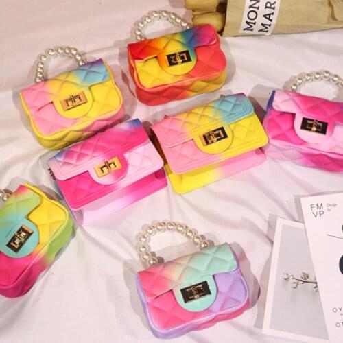 Rainbow Color Jelly Purse Womens Handbags PVC Cute Mini Crossbody Bags for Women Pearl Small Hand Cluth Bag Phone Pouch Purses