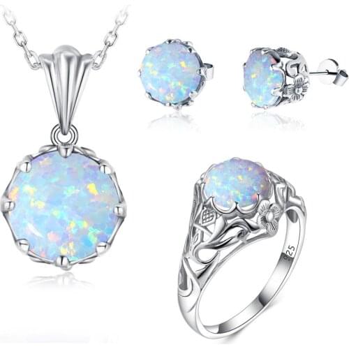 Szjinao Real 925 Sterling Silver Jewelry Set Bridal Undefined Sparkling Fire Opal Flower Pendant Earrings Ring Set Fine Jewelery