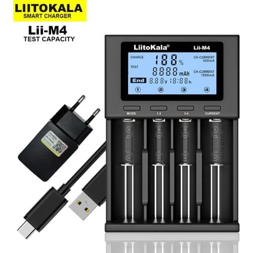 LiitoKala Lii-M4 18650 Charger USB LCD Display Universal Smart Charger Test capacity for 26650 18650 21700 AA AAA etc 4slot