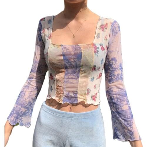 Women Sheer Mesh Crop Tops Floral Print Long Sleeve Patchwork Lettuce Trim T-Shirts