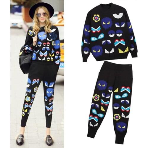 2020 autumn New Fashion Knitted Embroidery Pants Suits Women High Quality Cartoon Eyes Fashio Sweaters And Pants Casual Sets