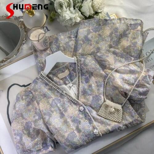 2021 Summer New Diamond Romantic Floral Slimming Pearl Dress Ladies Gentle Stylish V-neck Puff Sleeve Short Dress for Female