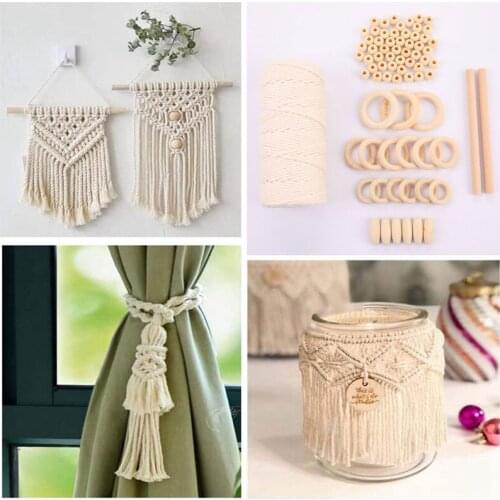 1 Set Macrame Cord Cotton Rope With Wood Ring Wooden Beads For DIY Wall Hanging