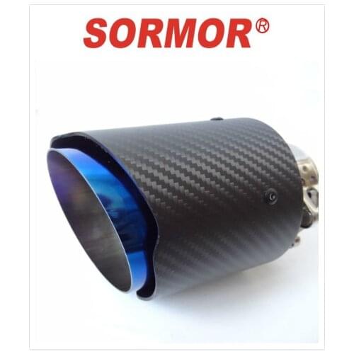 SORMOR 1 piece matte carbon fiber and blue burnt stainless steel muffler tips universal car accessories