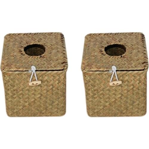 2 Pack Square Seagrass Facial Tissue Box - Decorative Woven Paper Holder Napkin Dispenser - Straw Tissue Box Cover