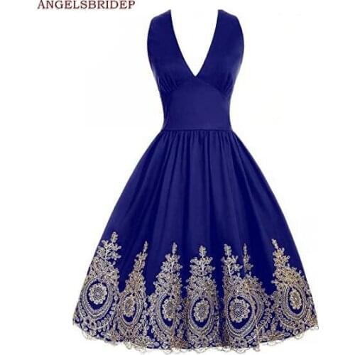 ANGELSBRIDEP V-Neck Homecoming Dresses Vestidos de festa Fashion Gold Applique Satin Graduation Formal Party Gowns