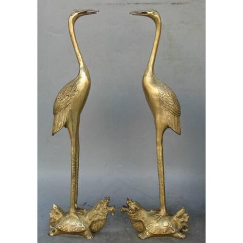 Fast shipping USPS to USA S1985 16" Chinese Brass Dragon tortoise Turtle red-crowned crane sculpture Statue Pair