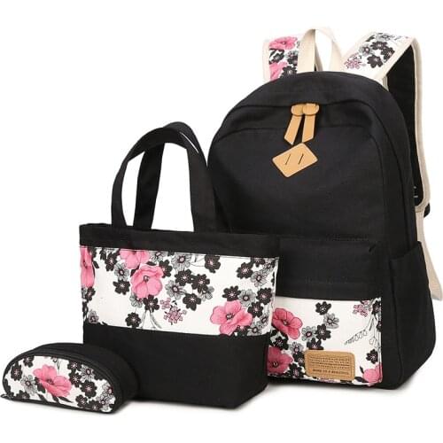Canvas Plum Flower Printing Women Backpack Set School bags Students Teens Girl Bookbag for Lunch Tote Bag and Pencil Box Blosso