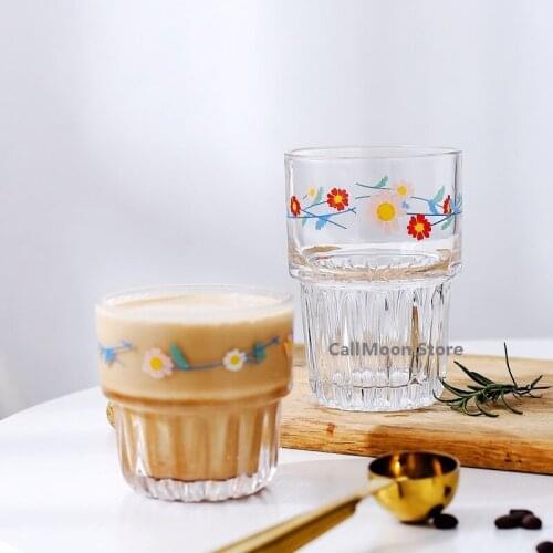 Ice Coffee Cup Juice Cola Milk Tea Cup 301-400ml Flower Korean Sytle Ins Daisy Transparent Glass Fresh Superimposed Water Cup