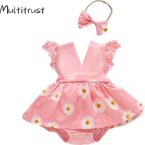 Multitrust 2020 Cute Infant Baby Clothes Summer Sleeveless V-neck Daisy Print Bodysuit Dress +Headband Outfits Size 0-24M