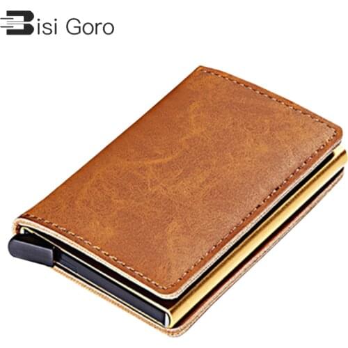 BISIGORO 2021 Women and Men RFID Wallets Vintage Business ID Holder New PU Leather Metal Single Box Credit Card Holder Card Case