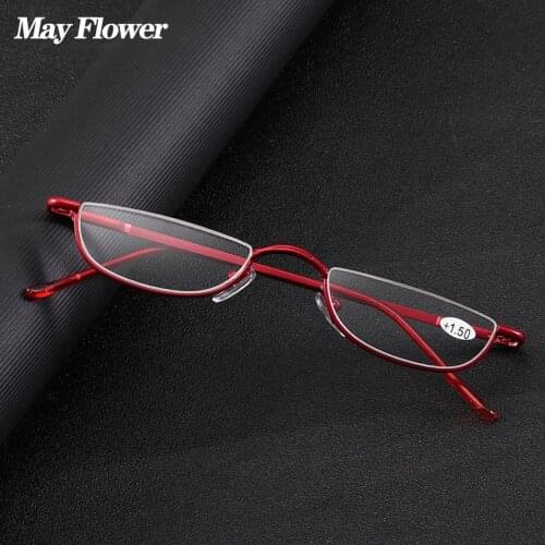 May Flower Cat Eye Reading Glasses Metal Half Frame Presbyopic Glasses Ultra-Light Small Rimless Hyperopia Spectacles Readers +2