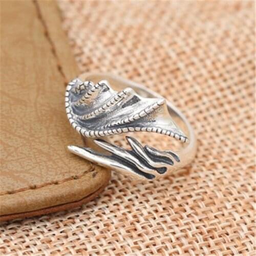 Solid Silvre 925 Gothic Dragon Wings Cuff Rings Men 100% Genuine Antique 925 Sterling Silver Cool Punk Design Mens Jewelry Gifts