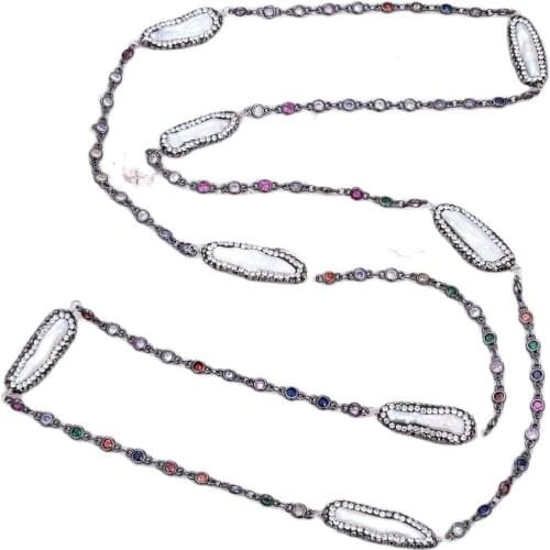 JK 38" Natural White Biwa Pearl Colorful Crystal Chain Necklace For Women Lady Jewelry