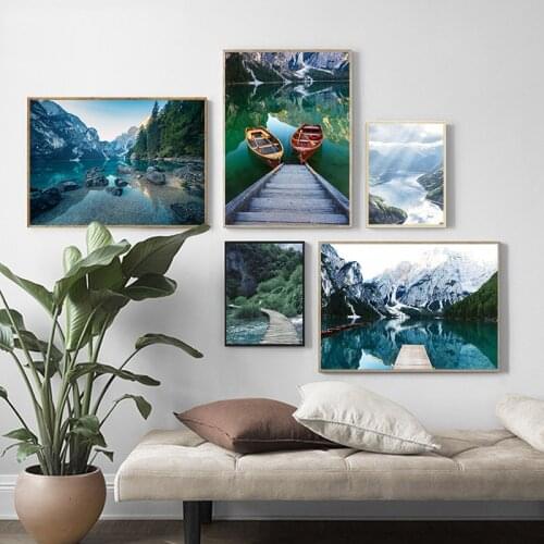 Scandinavian Nature Landscape Poster Nordic Style Print Mountain Lake Boat Wall Art Picture Painting Modern Living Room Decor